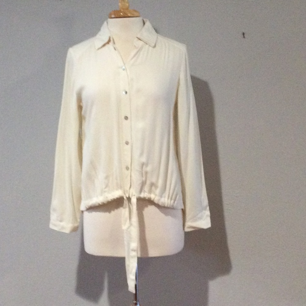 Chico's Button Front Lace Back Collared L/S High Low Tie Front Top Size 0/S/4